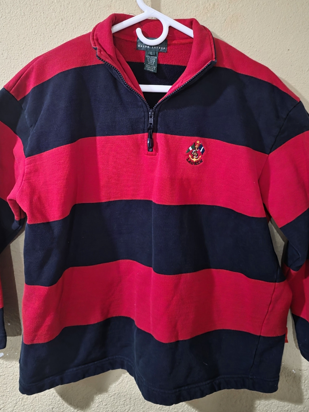 Ralph Lauren 1/4 Zip Rugby Pullover Red And Blue Wide Striped Thick Sweater Sz L